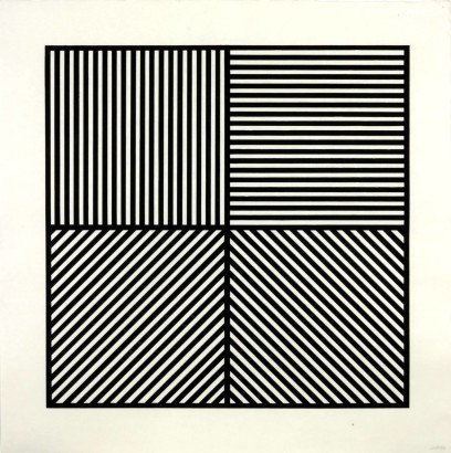 A Square Divided Horizontally and Vertically into Four Equal Parts, Each with a Different Direction of Alternating Parallel Bands of Lines