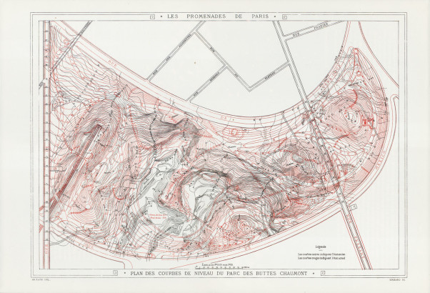 Plan des courbes de niveau du parc des Buttes Chaumont